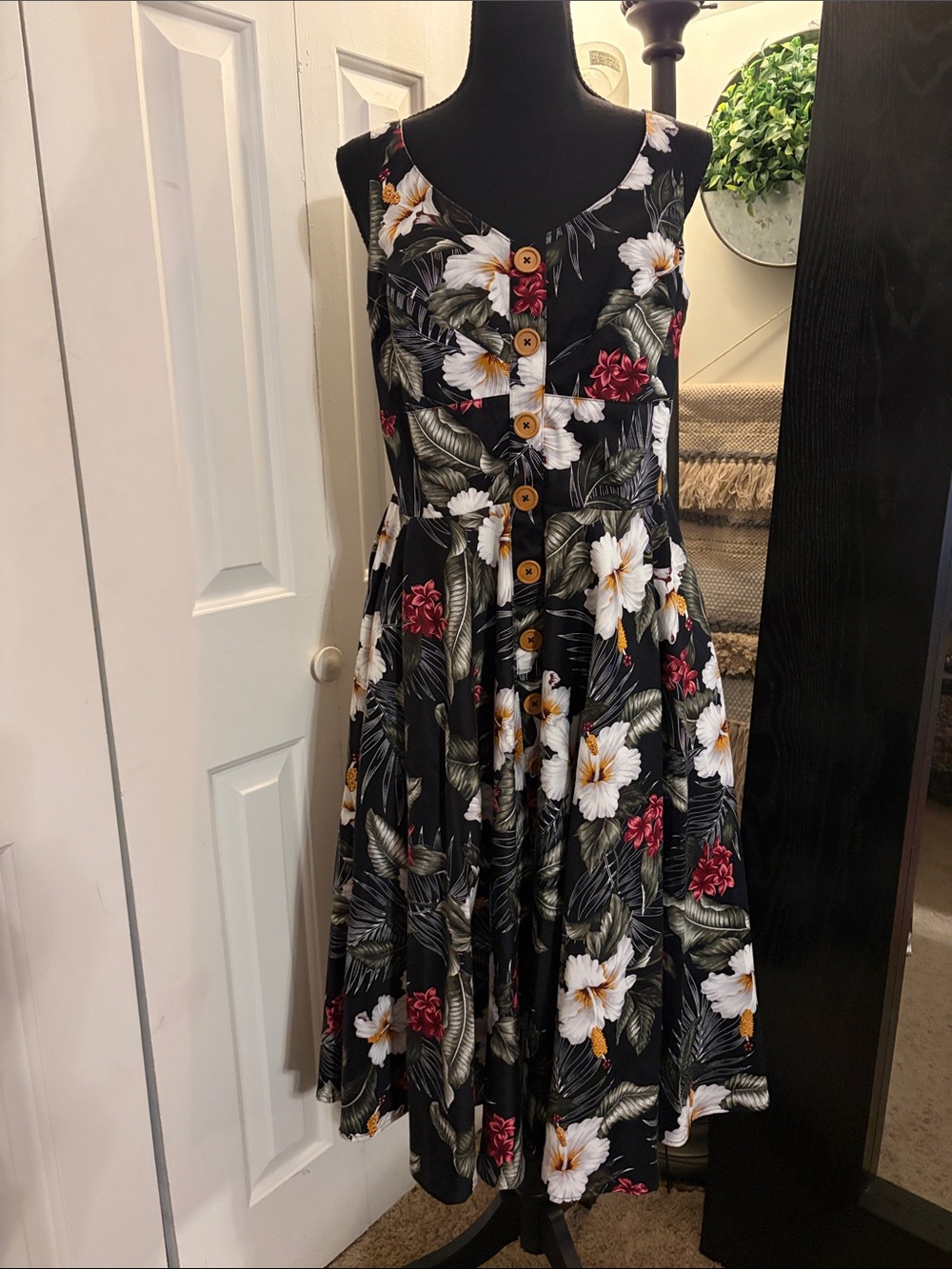 Hell Bunny Tahiti 50s Dress Black with Hibiscus Flowers Midi Dress